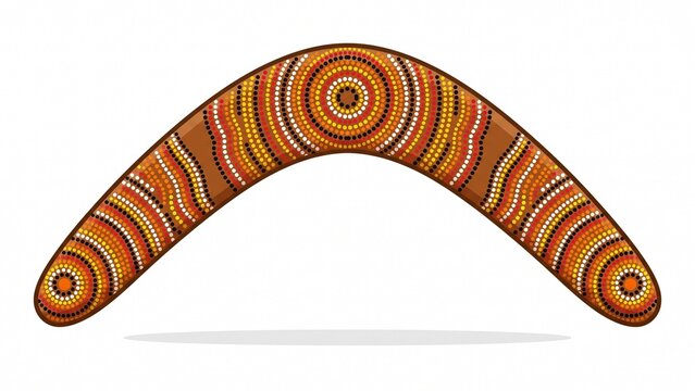 Traditional Australian wooden boomerang decorated with colorful dot painting patterns isolated on white background