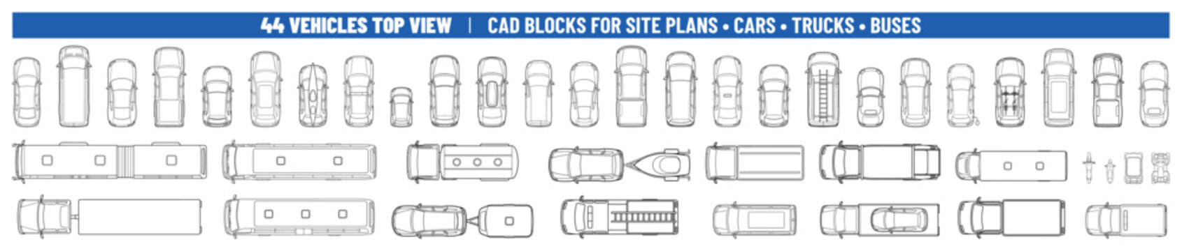44 car cad blocks in top view with truck, bus, van and suv, a vector vehicle symbol set for architecture and architectural plan drawing