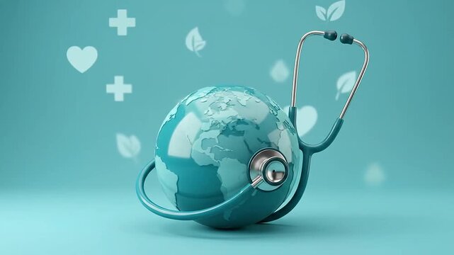 Teal globe wrapped with a medical stethoscope and glowing pulse wave