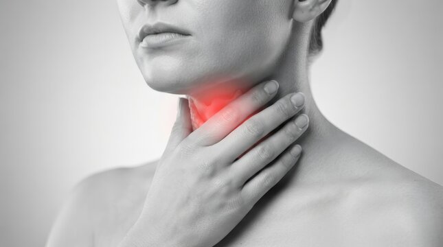A person experiencing neck discomfort and painful thyroid inflammation due to endocrine disease.