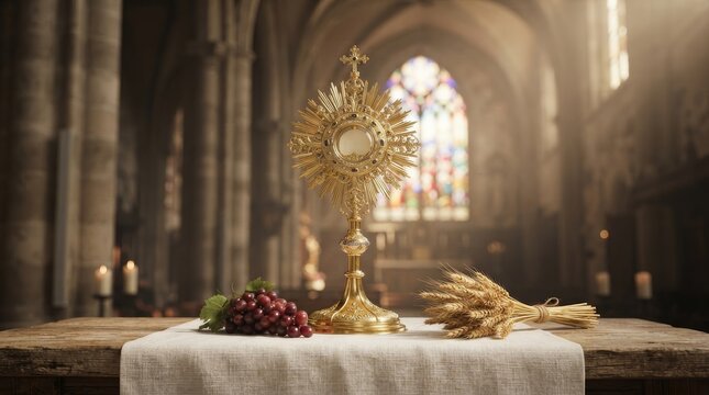 Solemn celebration of the divine presence with a golden monstrance for spiritual devotion.