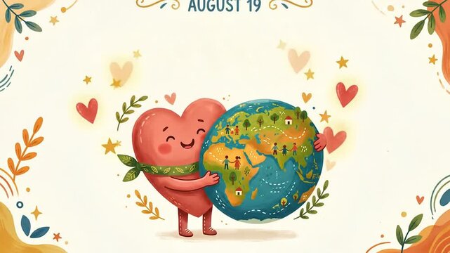 Animated heart hugging globe for global care and humanitarian concept