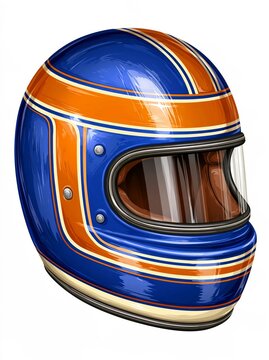 Monster truck racing helmet in cobalt blue with orange and cream stripes, featuring a bold, child-friendly design, isolated on a white background.