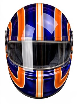 Monster truck racing helmet in cobalt blue with orange and cream stripes, featuring a bold, child-friendly design, isolated on a white background.