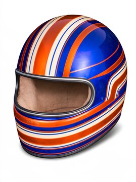 Monster truck racing helmet in cobalt blue with orange and cream stripes, featuring a bold, child-friendly design, isolated on a white background.
