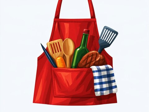 Cooking apron isolated on a white background, with grilling utensils and accessories tucked into the pockets.