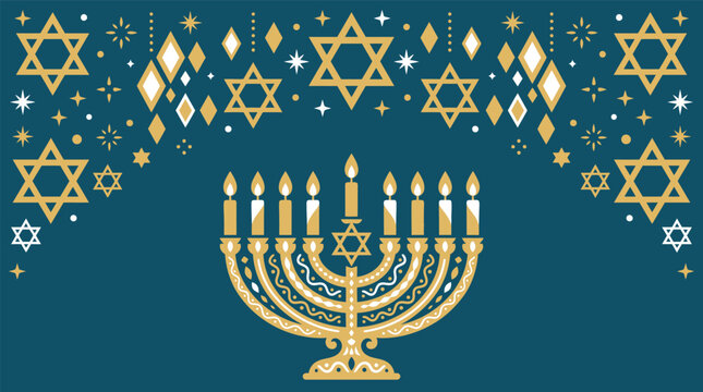 A beautiful festive hanukkah background vector featuring a golden menorah with glowing candles and decorative stars of david patterns