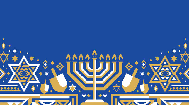 A festive hanukkah background vector featuring a golden menorah and star of david patterns on a deep blue backdrop