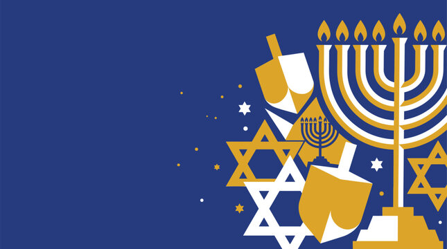 A festive hanukkah background vector illustration featuring a traditional menorah dreidels and stars of david on a deep blue backdrop