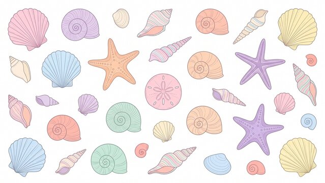 Pastel seashells and colorful starfish arranged neatly in cute patterns on white background