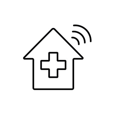 A vector icon representing remote healthcare with a medical home and wireless connection, created in line style with editable stroke.
