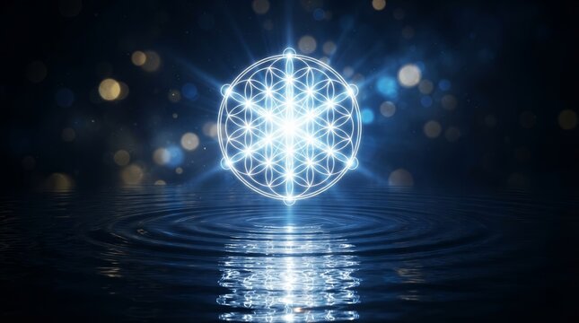 Dreamlike visual of sacred geometry and light rays reflecting on dark water surfaces.