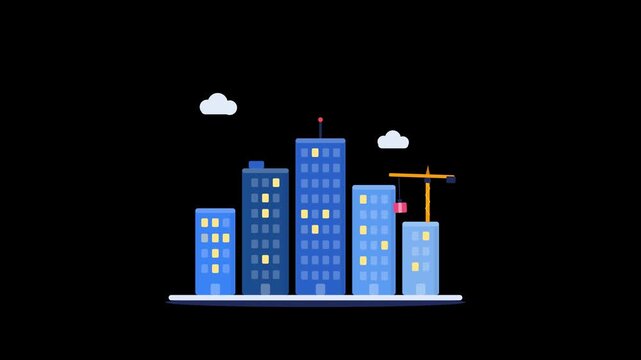 Urban city buildings growing with crane on transparent background
