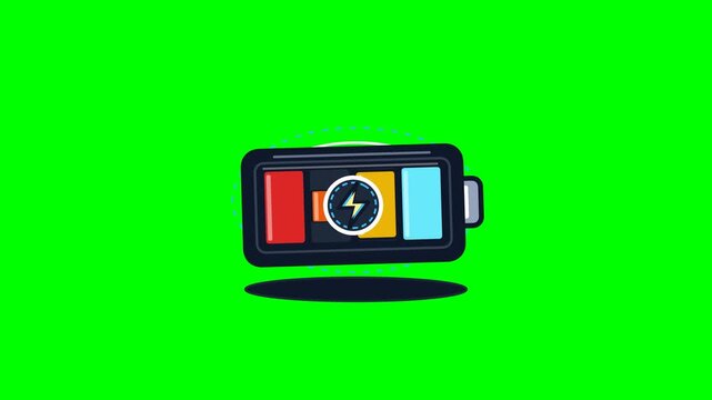 Clean 2D vector animation of a modern battery power indicator charging sequentially from low red to warm amber, electric cyan, and full 100% power with an animated lightning bolt symbol on a solid chr