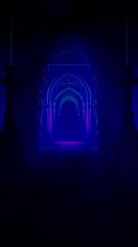 Blue gothic corridor with arches and crosses, vertical 3D animation