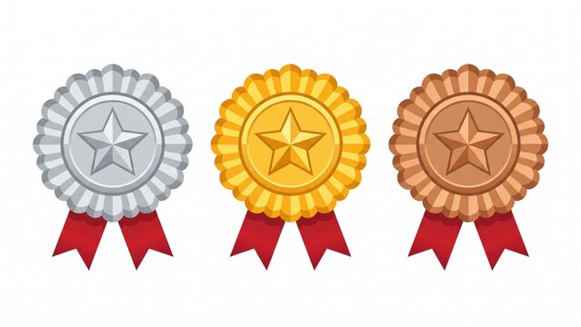 Glossy gold, silver, and bronze star award medals with red ribbons on white background