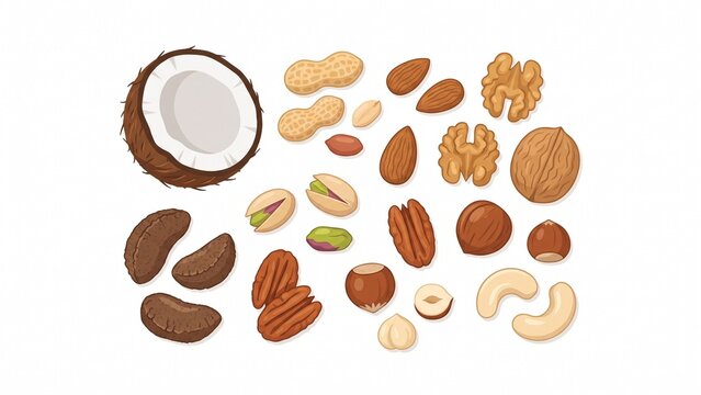 Various fresh tasty nuts and exotic coconut isolated on white background