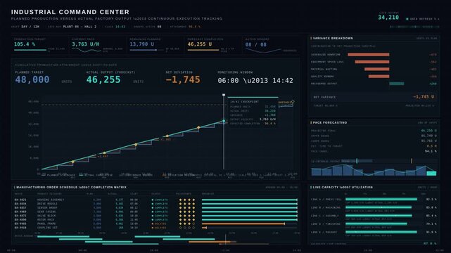 Cinematic 4K industrial command center dashboard tracking planned versus actual factory production output with dark steel-blue UI, turquoise data curves.