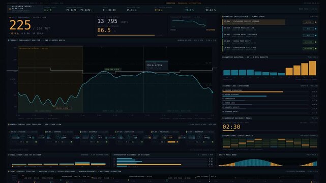 Advanced industrial production line monitoring dashboard with live throughput charts, downtime alerts, and operational status in dark interface for commercial creative technology and business use.