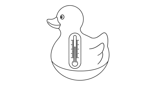 Black outline vector icon of a rubber duck bath thermometer with vertical scale bulb and tick marks centered on plump body showing beak eye wing drawn with thin black lines in centered presentation