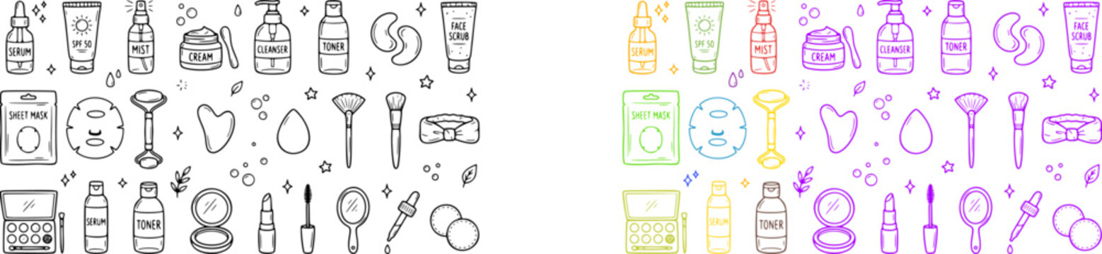 Skincare beauty products hand drawn doodle collection features various bottles masks and brushes