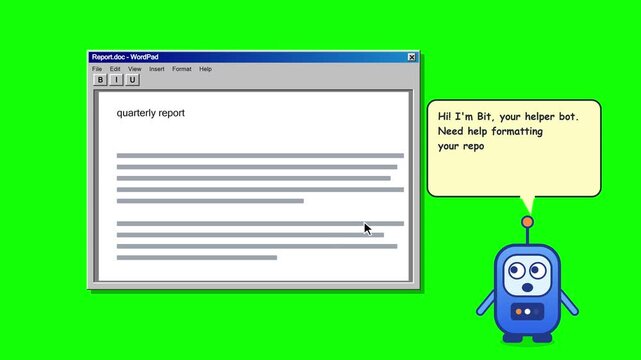 Retro word processor window with helper bot assistant offering tips on green screen background, representing early software help and virtual assistant.