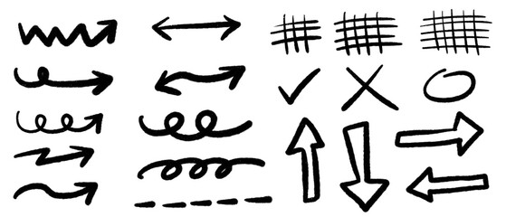 Black hand drawn arrows and doodle elements set featuring wavy and looping pointers double headed and outlined directional arrows check mark x symbol oval dashed line and crosshatch grids © Source Studio