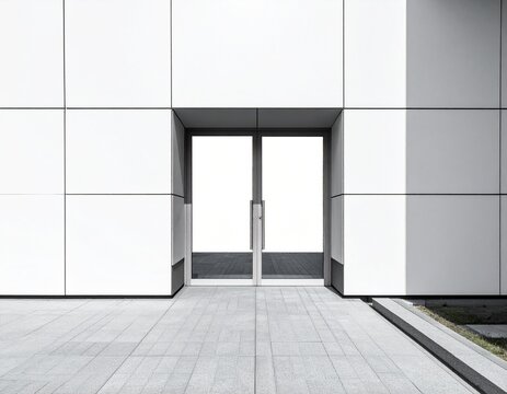 Step free entrance in a plain white facade with level paving and large blank space for text
