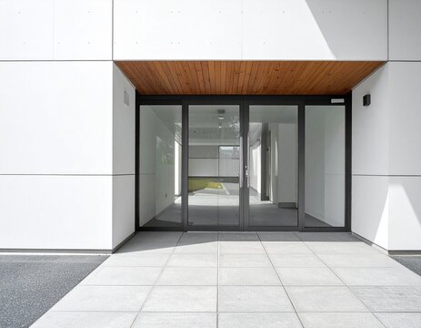 Step free entrance with glass sliding doors and timber soffit, level paving running through the doorway