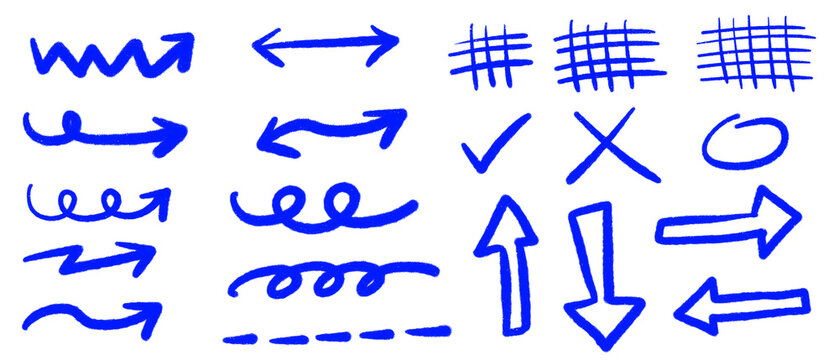 Blue hand drawn arrows and doodle symbols set featuring curved and looping pointers double headed directional arrows check mark x symbol oval dashed strokes and rough crosshatch grids