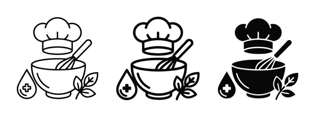 Fototapeta premium Chef hat and whisk set with cooking bowl and herbs