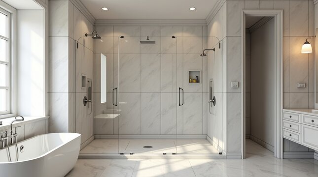 Ducha a ras de suelo en construcci&oacute;n con revestimiento de porcel&aacute;nico de gran formato y grifer&iacute;a a&uacute;n sin instalar