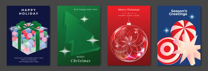 Christmas Holiday Greeting Cards Vector Set with Colorful Gift Box, Evergreen Tree, Red Ornament and Peppermint Candy on Festive Backgrounds