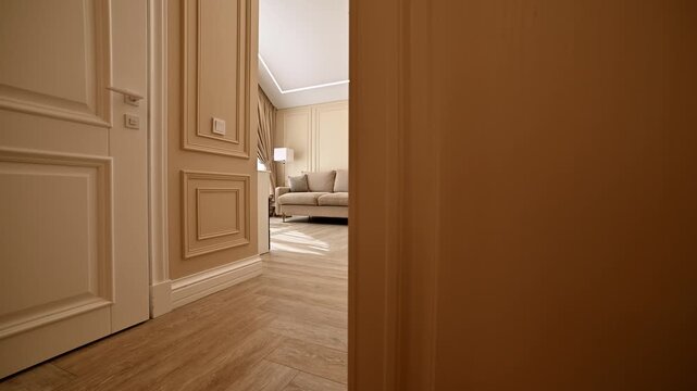 Camera moves through hallway toward bedroom interior
