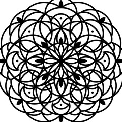 Black and white circular mandala pattern with intricate geometric shapes and symmetrical floral motifs for coloring page art © MD Rafiqul Islam
