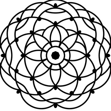 Abstract circular mandala design with interconnected geometric lines and symmetrical patterns in a simple black and white style