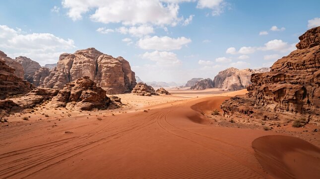 Vast arid desert of reddish orange sand dunes and weathered sandstone mountains with faint tire tracks under a bright blue cloudy sky