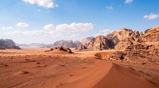 Vast arid desert of reddish orange sand dunes and weathered sandstone mountains with faint tire tracks under a bright blue cloudy sky
