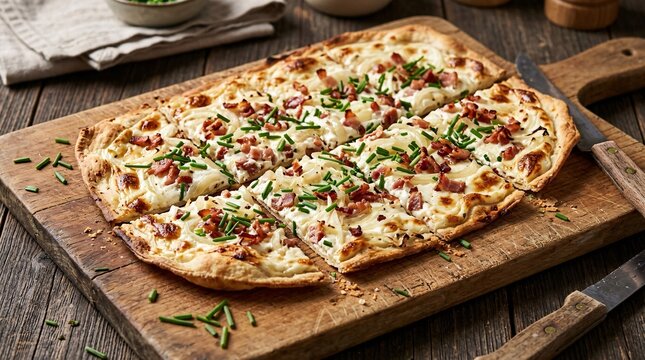 Traditional Flammkuchen flatbread pizza on a rustic wooden board topped with a rich cream sauce, onions, bacon bits and fresh chives