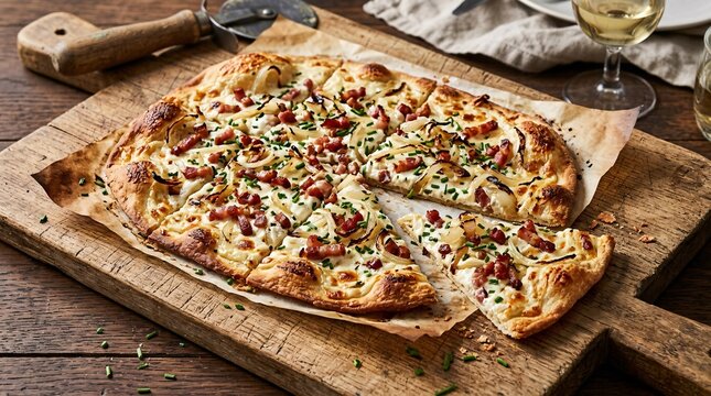 Traditional Flammkuchen flatbread pizza on a rustic wooden board topped with a rich cream sauce, onions, bacon bits and fresh chives