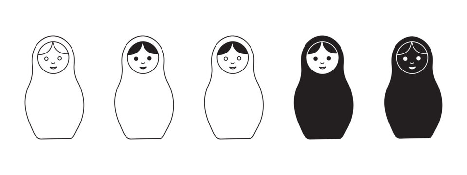 Matryoshka Nesting Doll Vector Icon Set with Russian Babushka Dolls in Outline and Solid Silhouette Style for Traditional Folk Culture