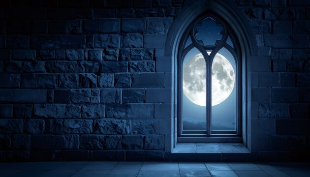 Gothic arched window revealing full moon night