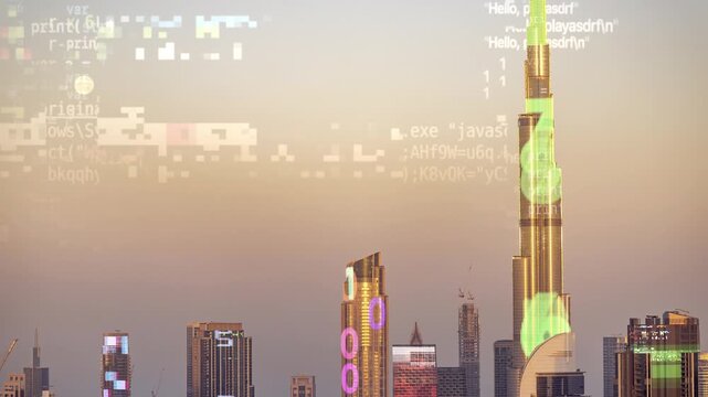 dubai cyberpunk city with overlayed code and data on the buildings