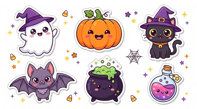 Cute Kawaii Halloween Characters Set Isolated on White Background