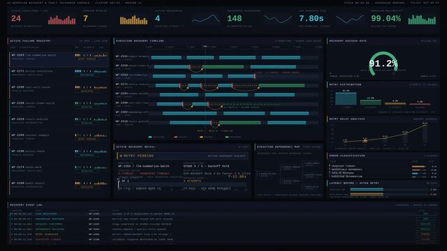 Premium AI workflow recovery dashboard visualizing automated failure detection, intelligent retry scheduling, and resilient execution with detailed technical graphics.