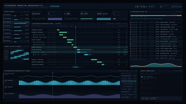Cinematic autonomous workflow monitoring dashboard featuring distributed execution traces, timestamped logs, agent activity, and real-time system reliability metrics in dark UI.