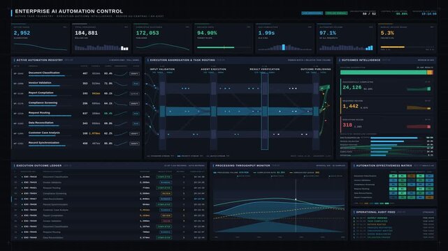 Enterprise AI automation dashboard tracking active tasks, execution outcomes, and workflow telemetry on a dark interface with cyan accents and detailed charts.