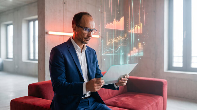 Deliberate fund manager checking portfolio performance on glass tablet beside red sofa