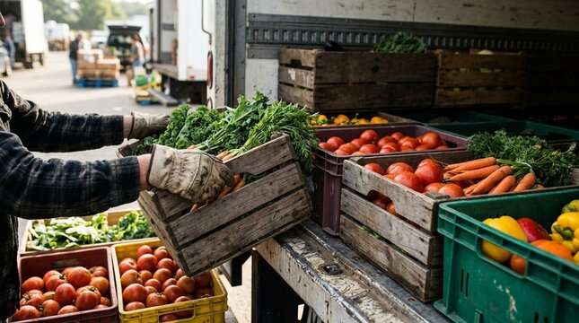 Crates of fresh produce being loaded onto a truck, agricultural supply chain and food distribution