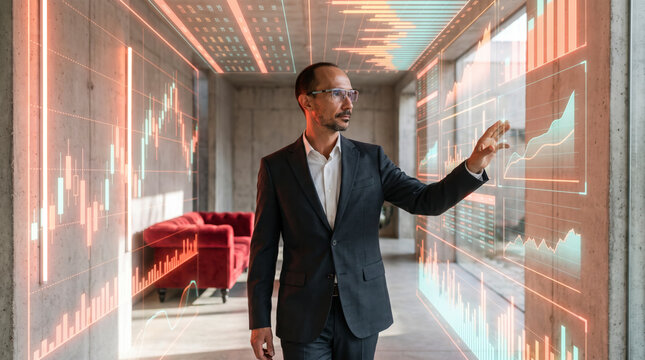 Strategic banker walking through immersive holographic financial data corridor in concrete hall